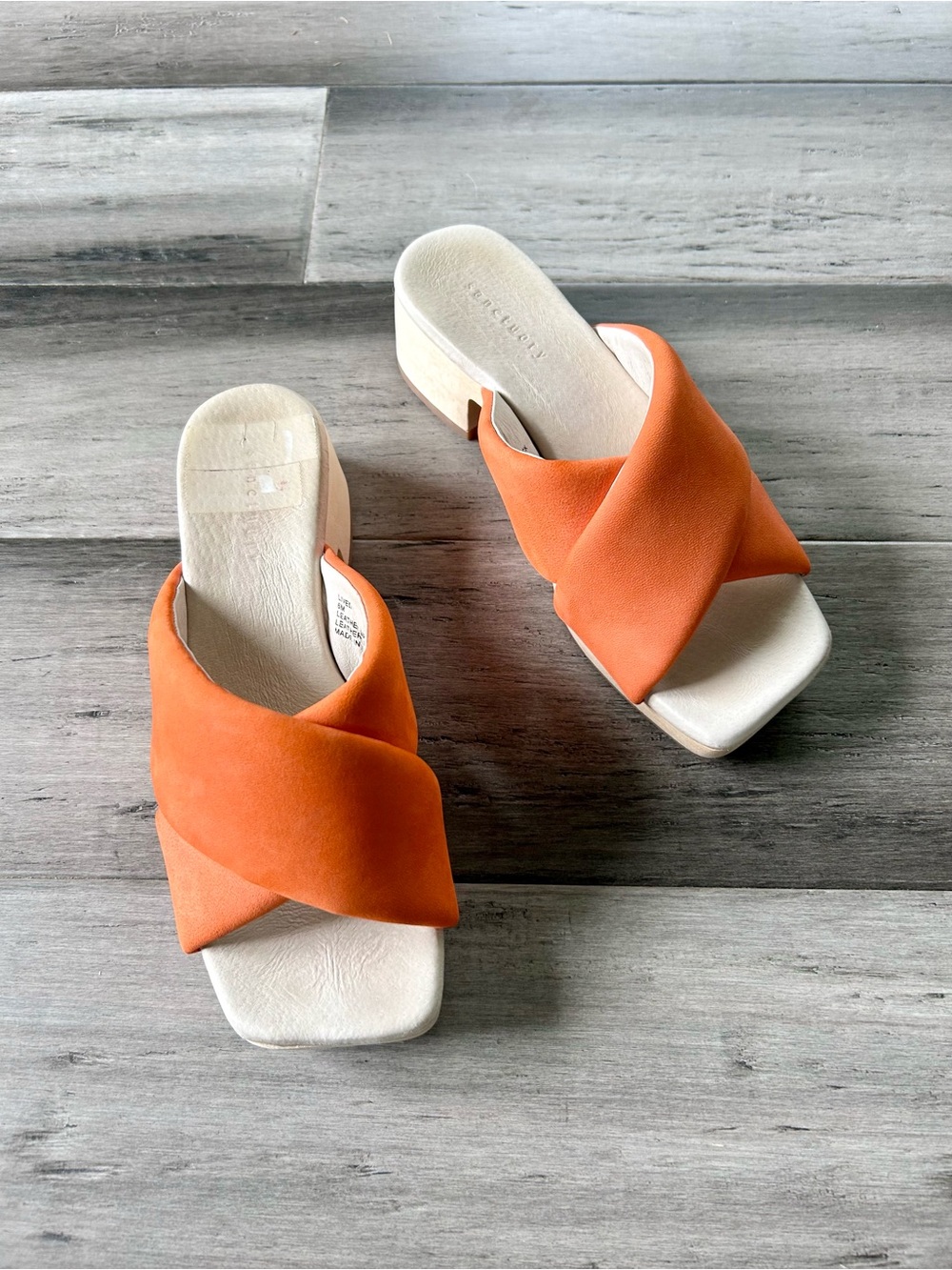 Sanctuary Lively Orange Leather Slide Sandals w/ Wooden Sole